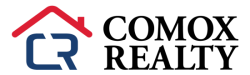A logo for the company Comox Realty. Consists of a capitol "C" and "R" with a house roof over top of it