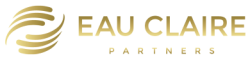 A logo for the company Eau Claire. Consists of a whirling wind like set of lines next to the words "Eau Claire Partners". The whole logo is in gold